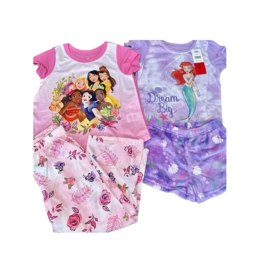 Disney Girls Little Mermaid Princess PJ Pajamas 4 piece Set Size 6 NWT